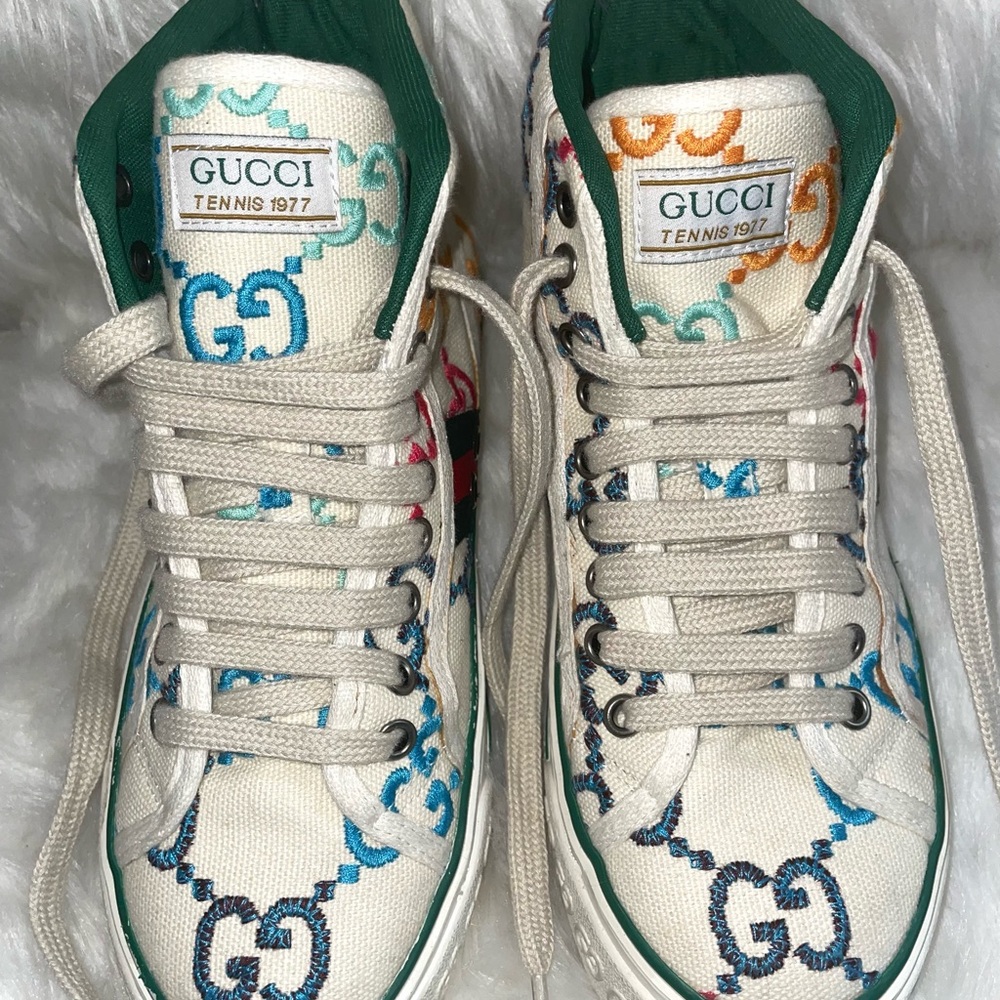 🔥🔥 Authentic Gucci Embroidered Signature Tennis 1977 Hightop Sneakers Sz 7.5!! - Picture 4 of 9